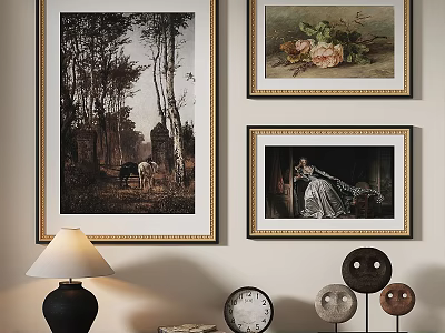 Three Framed Oil Paintings Featuring Landscape Floral and Figure Artworks in Golden Frames on Wall 3d model