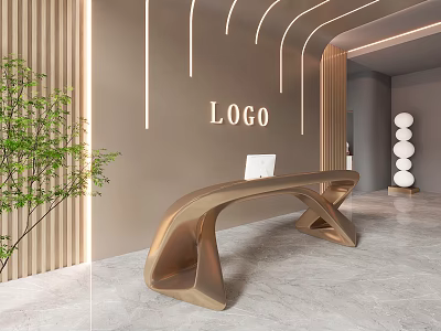 Modern Golden Curved Reception Desk With Wooden Background Wall Green Plant And Arched Light Strips 3d model