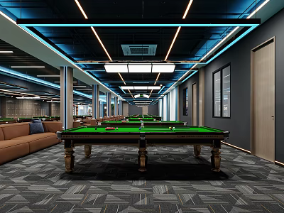 Modern Billiard Room With Green Tables And Comfortable Sofas 3d model