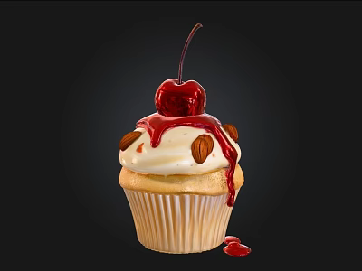 Delicious Cupcake With Cream Frosting Cherry Almond Slices And Dripping Red Sauce 3d model