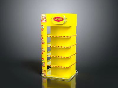 Yellow Kinder Retail Display Structure With Multiple Shelves And Product 3d model