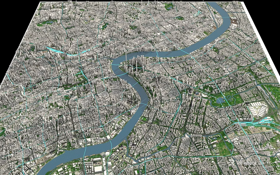 Detailed Urban Aerial Planning of City Layout with River Road Network and Green Spaces 3d model 