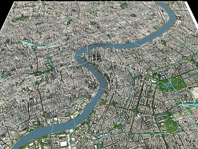 Detailed Urban Aerial Planning of City Layout with River Road Network and Green Spaces 3d model