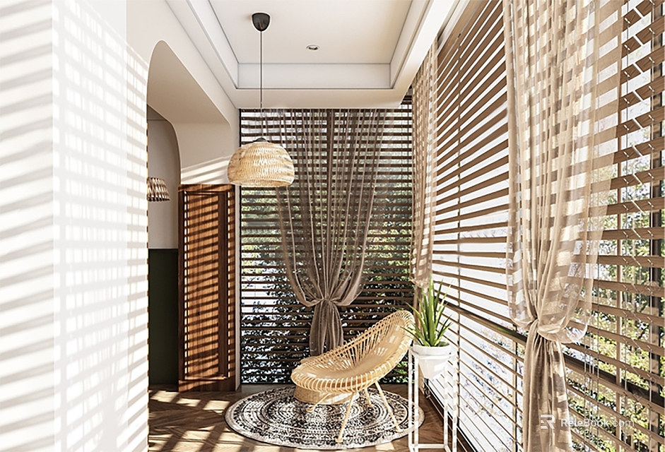 Cozy Home Balcony Interior Design With Wicker Chair Pendant Lamp Plant Wooden Blinds And Sunlight 3d model 