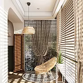 Cozy Home Balcony Interior Design With Wicker Chair Pendant Lamp Plant Wooden Blinds And Sunlight