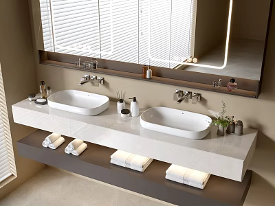 Modern Bathroom Vanity With Double Sinks Large Mirror Towels And Toiletries 3d model