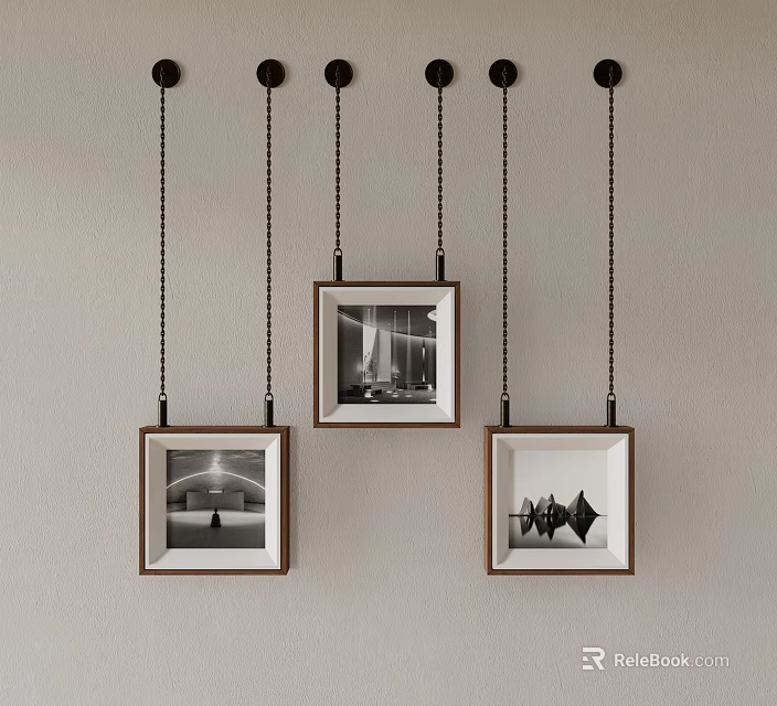 Wooden Frames With Black And White Photos Hanging On Gray Wall With Chains 3d model 