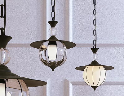 Elegant Pendant Lights With Black Metal Frame Glass Shade Hanging From Chains On White Wall 3d model