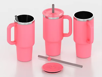 Pink Insulated Tumblers With Handle Stainless Steel Lining And Straw 3d model