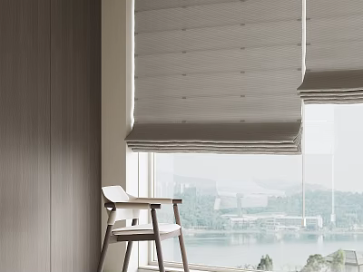Gray Roman Blinds Decorating Window With Wooden Chair And Lake View 3d model