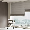 Gray Roman Blinds Decorating Window With Wooden Chair And Lake View