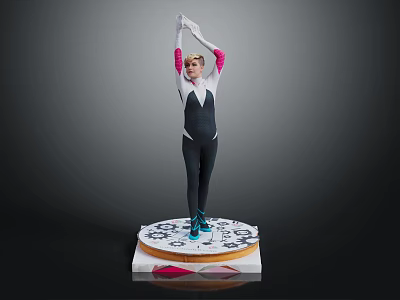 Woman In Black And White Leotard With Pink Sleeves Raising Hands On Circular Patterned Platform 3d model