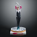 Woman In Black And White Leotard With Pink Sleeves Raising Hands On Circular Patterned Platform