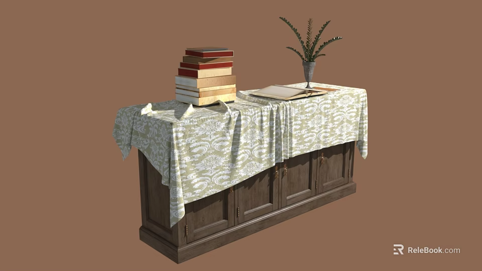 Dark Wooden Cabinet With Patterned Tablecloth Stack Of Books And Vase Plant 3d model 