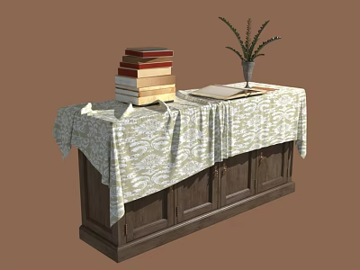 Dark Wooden Cabinet With Patterned Tablecloth Stack Of Books And Vase Plant 3d model