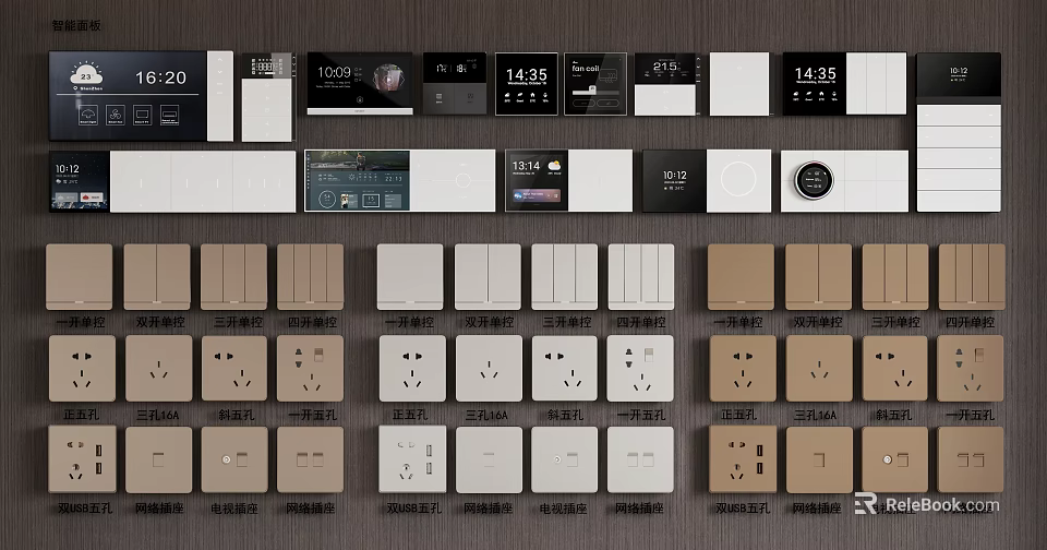 Modern Switch Panels with Various Designs Different Colors Smart Display and Socket Options 3d model 