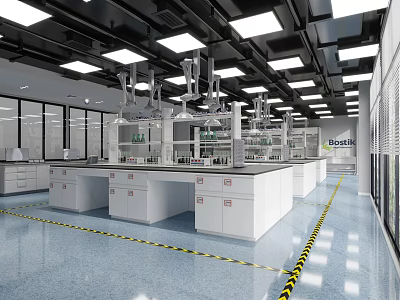 Modern Laboratory Interior With Lab Benches Fume Hoods Lighting And Safety Lines 3d model