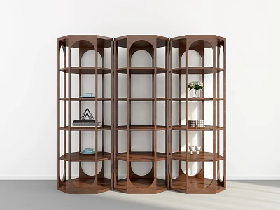 Modern Walnut Wooden Shelving Unit With Open Arched Compartments For Home Decor 3d model