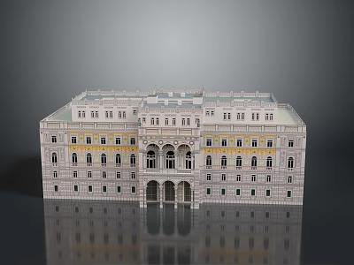 Symmetrical Multi Story Classical Building With White Exterior Yellow Accents Arched Doors And Windows 3d model