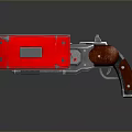 Futuristic Silver And Red Weapon With Multiple Barrels And Yellow Accents