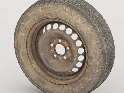 Worn Tire with Wheel Rim Featuring Circular Holes and Tread Pattern 3d model