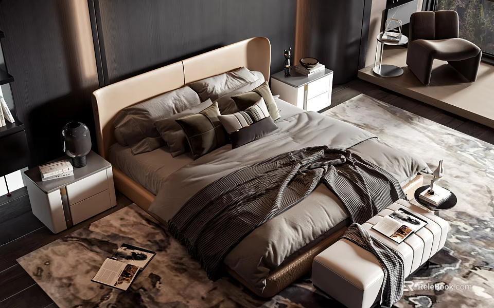 Modern Double Bed with Light Headboard Cozy Gray Bedding Nightstands and Bench on Rug 3d model 