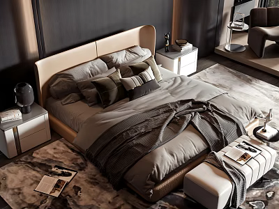 Modern Double Bed with Light Headboard Cozy Gray Bedding Nightstands and Bench on Rug 3d model