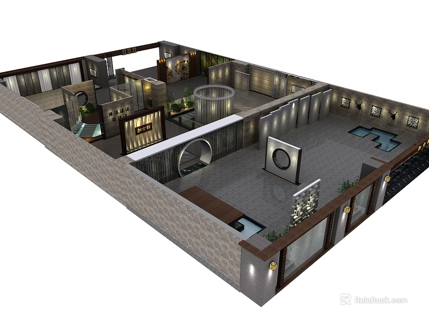 Modern Specialty Store Interior Design With Display Areas Lighting And Decorative Elements 3d model