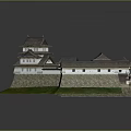 3D Model of Traditional Japanese Castle Featuring Stone Walls Towers and Green Courtyard