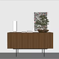 Modern Wooden Entryway Console Cabinet With Geometric Textured Design And Bonsai Plant Decor