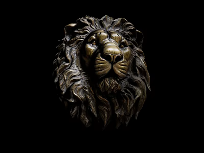 Detailed Bronze Lion Head Sculpture with Intricate Mane Carving and Artistic Design 3d model