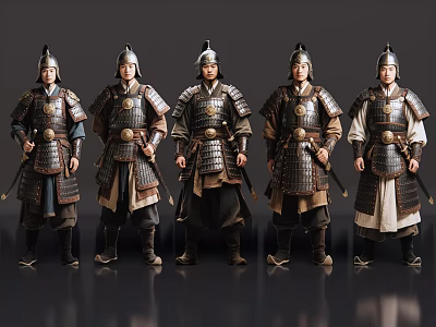 Five Men Standing in Ancient Metal Armor With Helmets and Swords Displaying Historical Warrior Attire 3d model