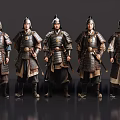 Five Men Standing in Ancient Metal Armor With Helmets and Swords Displaying Historical Warrior Attire