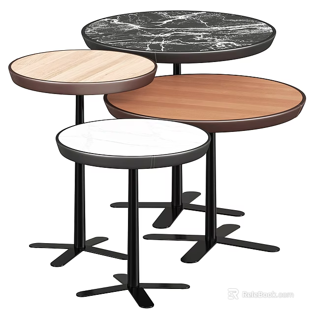 Diverse Round Coffee Tables With Assorted Tabletop Materials And Black Metal Support Legs 3d model