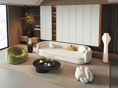 Modern Sofa And Coffee Table Set With Green Armchair Floor Lamp Potted Plant And Rug 3d model