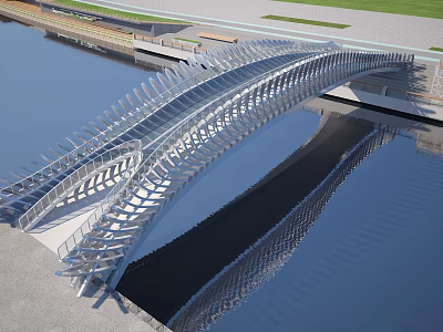 Modern Curved Landscape Bridge With Metal Structure And Water Reflection On Riverbank 3d model