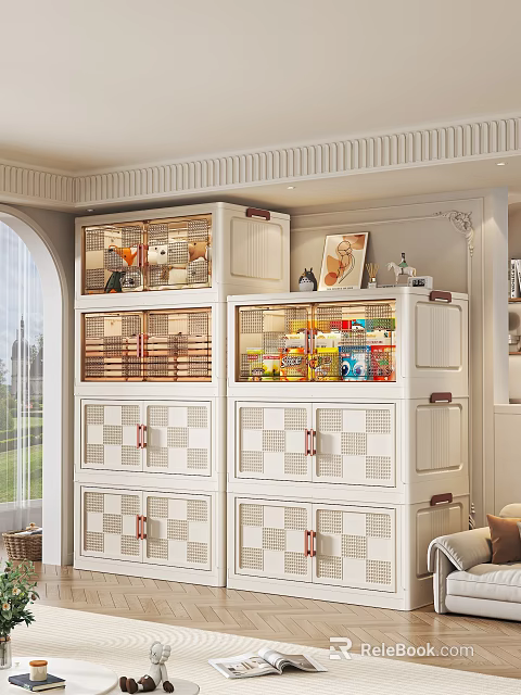 White Storage Cabinets With Glass Doors And Multiple Shelves For Home Interior 3d model 