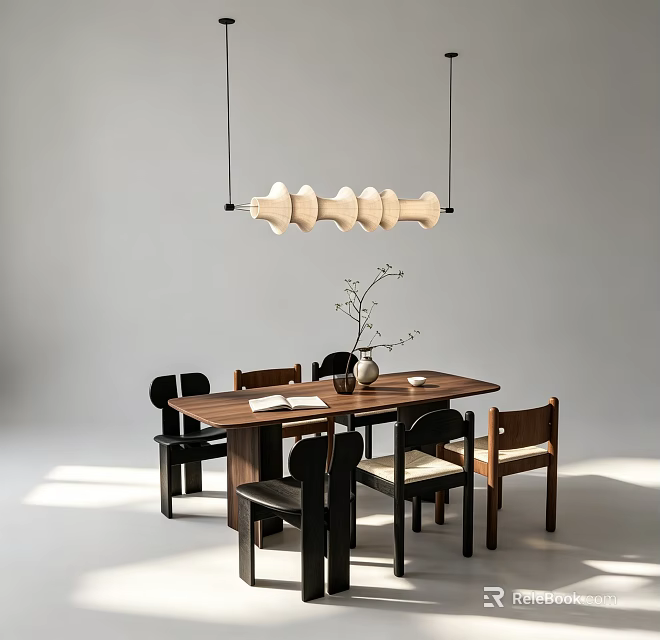 Modern Minimalist Dining Table With Wooden Top Surrounding Chairs Vase With Twigs And Pendant Light 3d model 