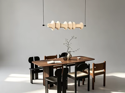 Modern Minimalist Dining Table With Wooden Top Surrounding Chairs Vase With Twigs And Pendant Light 3d model