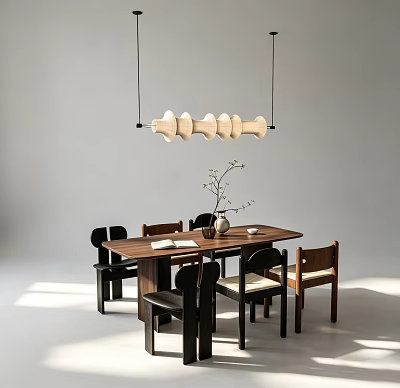 Modern Minimalist Dining Table With Wooden Top Surrounding Chairs Vase With Twigs And Pendant Light 3d model