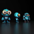 Three Blue Animated Game Character Figures With Big Eyes And Distinct Sizes