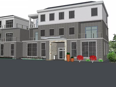 Modern Single Family House Exterior With Gray Facade Large Windows And Red Flowers 3d model