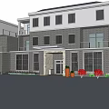 Modern Single Family House Exterior With Gray Facade Large Windows And Red Flowers
