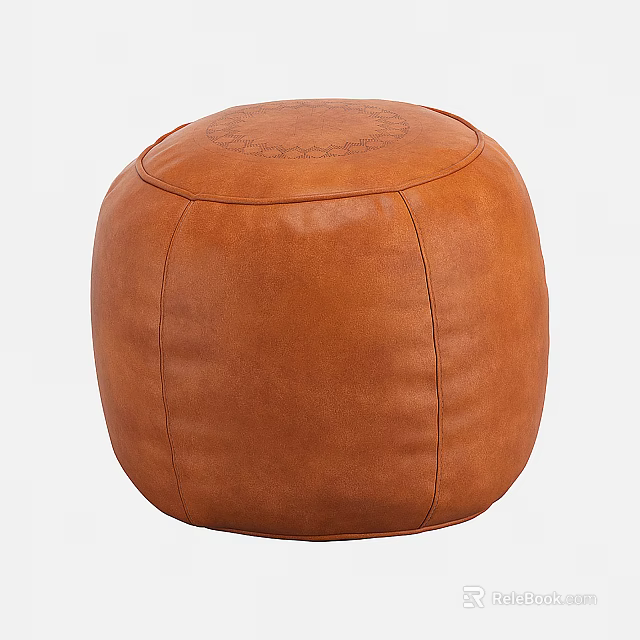 Brown Leather Round Ottoman With Decorative Top Pattern And Stitched Details 3d model