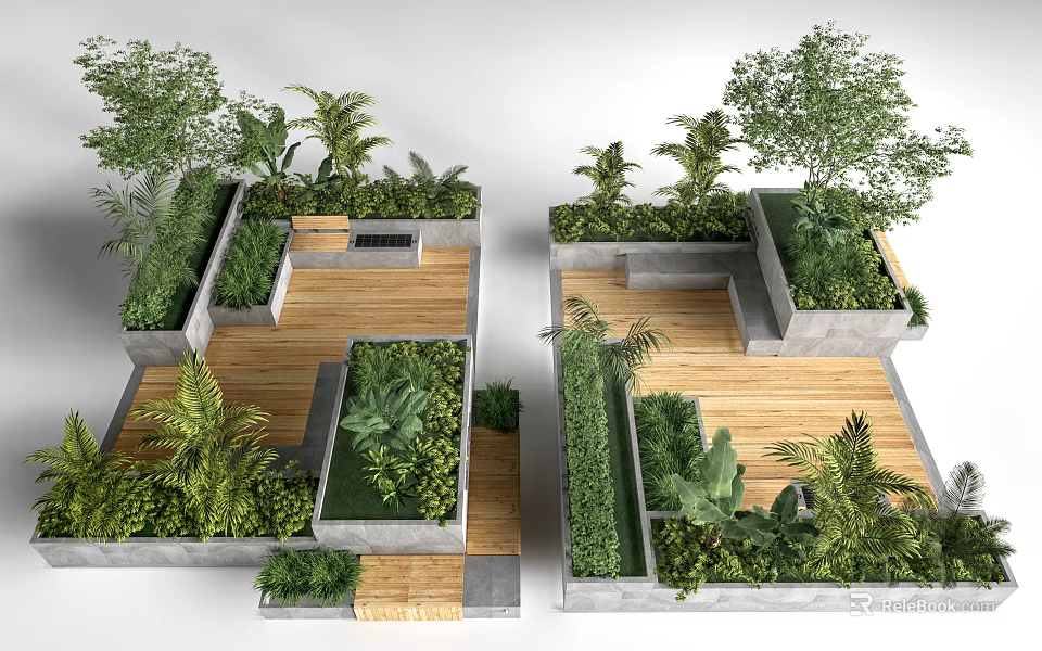 Lush Green Plants In Modern Garden Design With Wooden Platforms And Concrete Planters 3d model 