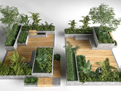 Lush Green Plants In Modern Garden Design With Wooden Platforms And Concrete Planters 3d model