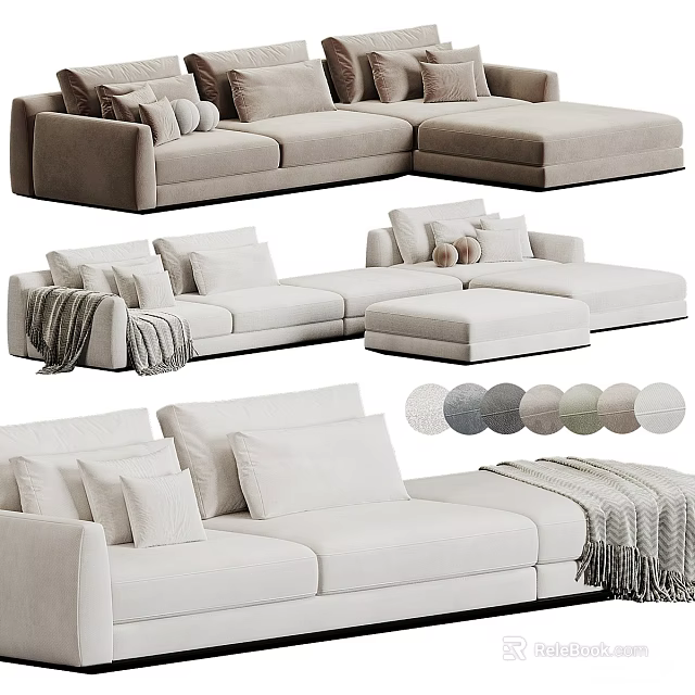 Modern Sectional Sofa Collection With Soft Cushions Throw Blankets And Neutral Color Tones 3d model 