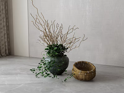 Minimalist Bonsai Potted Plant in Gray Pot with Green Foliage Slender Branches and Woven Basket 3d model