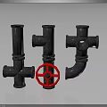 Industrial Style Metal Pipe Fittings With Red Valve And Various Shapes On Dark Background
