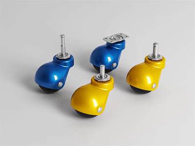 Set of Four Blue and Yellow Casters with Black Wheels and Metal Stems 3d model Set of Four Blue and Yellow Casters with Black Wheels and Metal Stems 3d model
